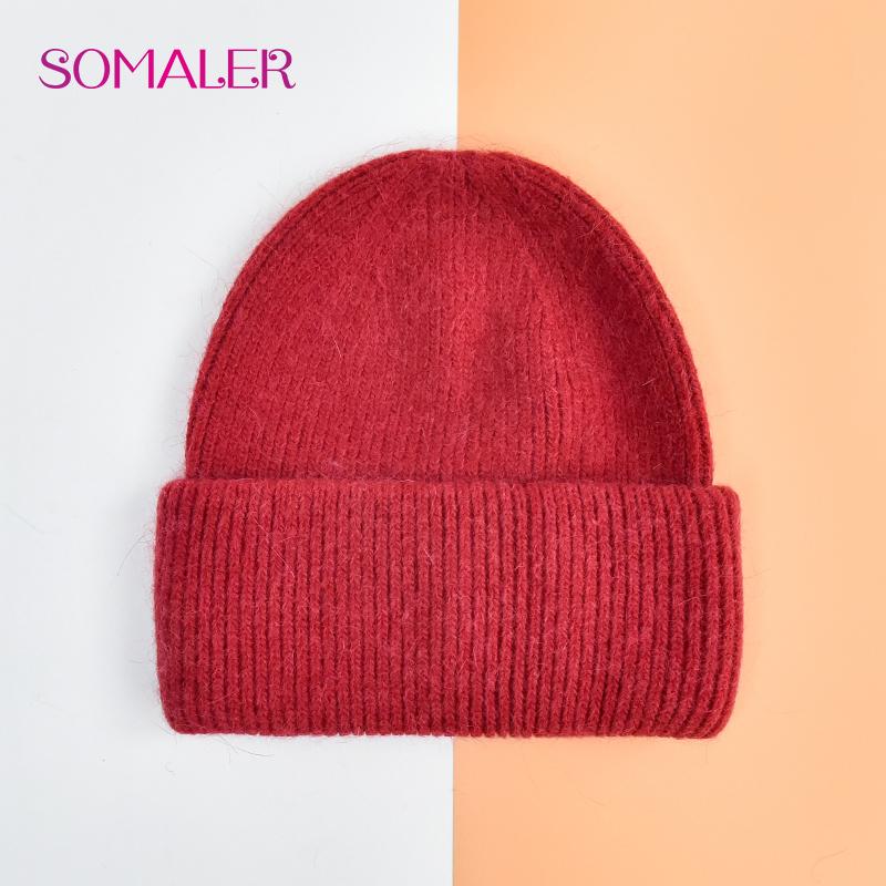 SOMALER Winter Angora Wolle Gestrickte Mütze Weich Warm Flauschig Kaninchenfell Strick Einfache Mützen für Damen dunkelrote von Joom DACH