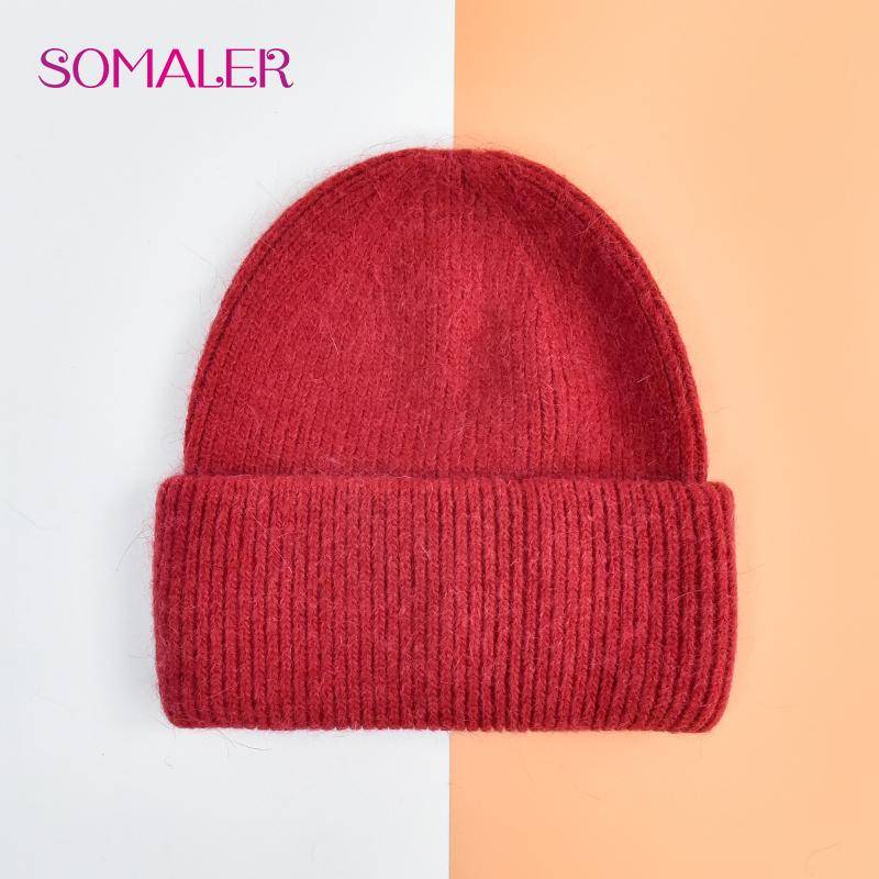 SOMALER Winter Angora Wolle Gestrickte Mütze Weich Warm Flauschig Kaninchenfell Strick Einfache Mützen für Damen dunkelrote von Joom DACH