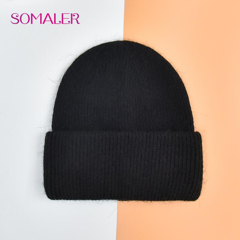 SOMALER Winter Angora Wolle Gestrickte Mütze Weich Warm Flauschig Kaninchenfell Strick Einfache Mützen für Damen schwarz von Joom DACH