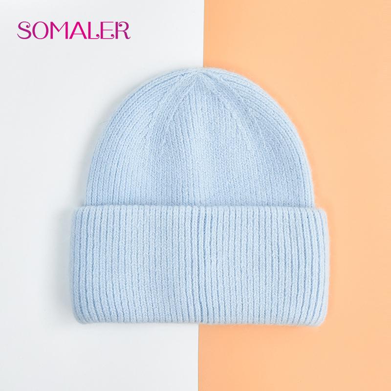SOMALER Winter Angora Wolle Gestrickte Mütze Weich Warm Flauschig Kaninchenfell Strick Einfache Mützen für Damen hellblaue von Joom DACH