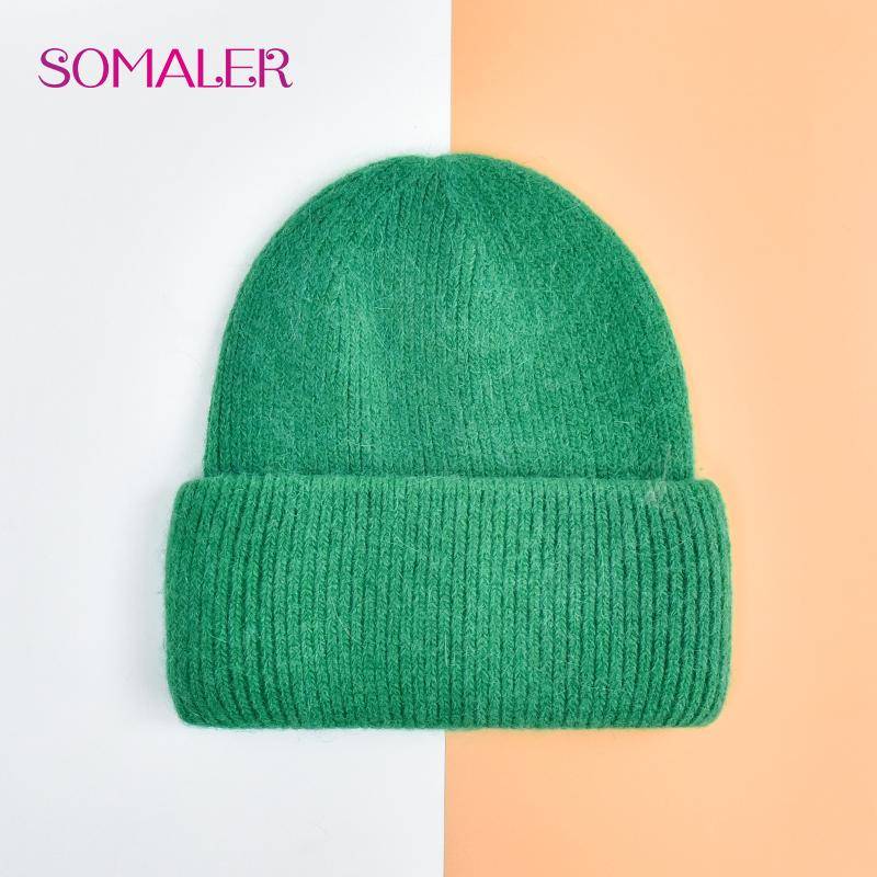 SOMALER Winter Angora Wolle Gestrickte Mütze Weich Warm Flauschig Kaninchenfell Strick Einfache Mützen für Damen dunkelgrüne von Joom DACH