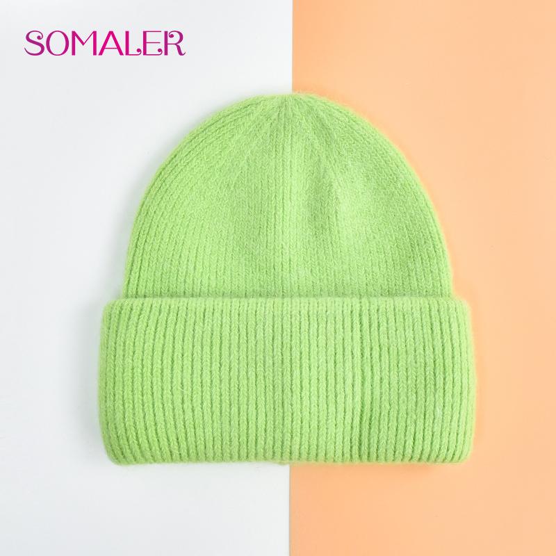 SOMALER Winter Angora Wolle Gestrickte Mütze Weich Warm Flauschig Kaninchenfell Strick Einfache Mützen für Damen chartreuse von Joom DACH