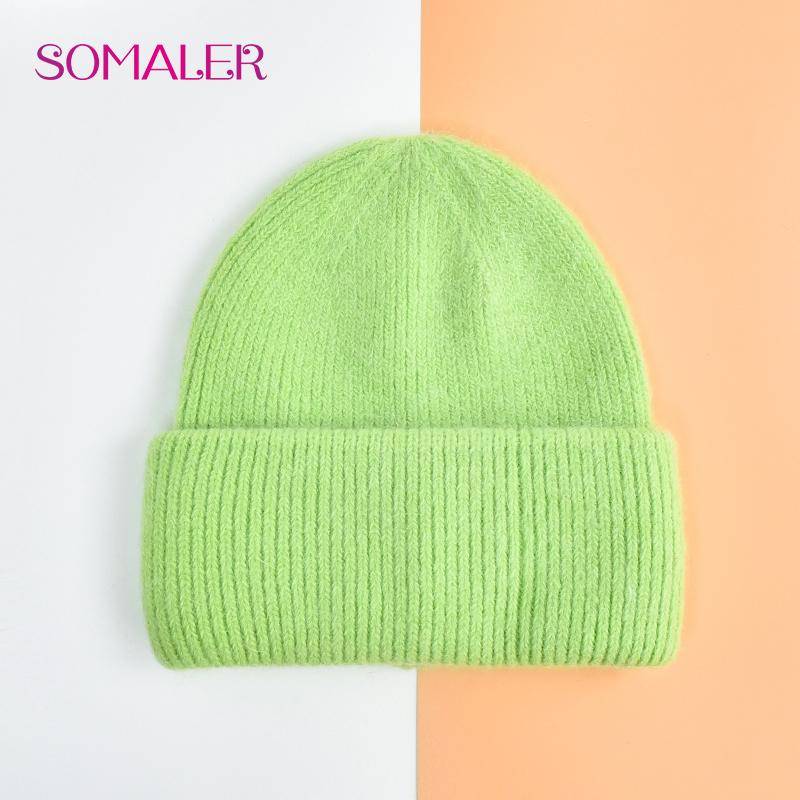 SOMALER Winter Angora Wolle Gestrickte Mütze Weich Warm Flauschig Kaninchenfell Strick Einfache Mützen für Damen chartreuse von Joom DACH