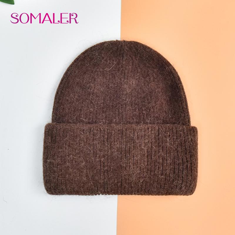 SOMALER Winter Angora Wolle Gestrickte Mütze Weich Warm Flauschig Kaninchenfell Strick Einfache Mützen für Damen dunkelbraune von Joom DACH