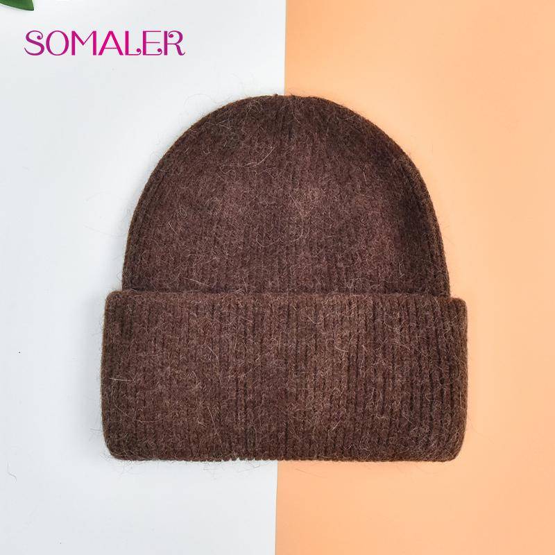 SOMALER Winter Angora Wolle Gestrickte Mütze Weich Warm Flauschig Kaninchenfell Strick Einfache Mützen für Damen dunkelbraune von Joom DACH