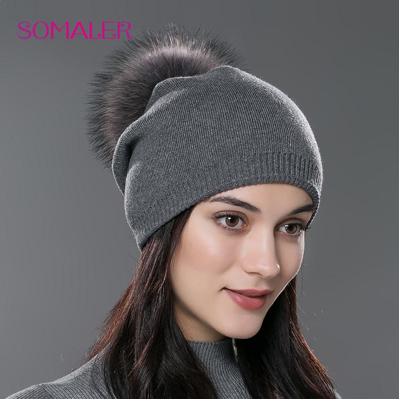 SOMALER Winter-Frauen-Echtfell-Pom-Pom-Mützen, Wolle, gestrickt, dick, warm gefüttert, Mützen, Damenmode, Bommel, Skimützen, Strickmütze dunkelgrau von Joom DACH