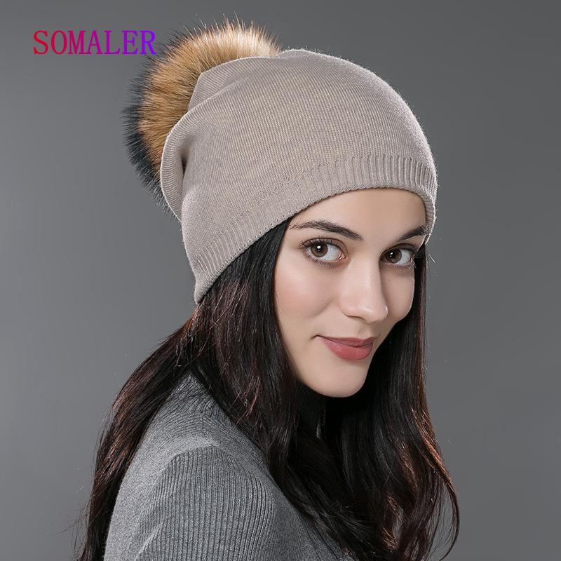 SOMALER Winter-Frauen-Echtfell-Pom-Pom-Mützen, Wolle, gestrickt, dick, warm gefüttert, Mützen, Damenmode, Bommel, Skimützen, Strickmütze khaki von Joom DACH