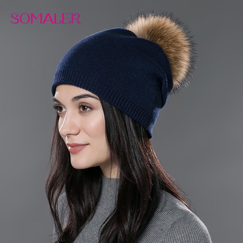 SOMALER Winter-Frauen-Echtfell-Pom-Pom-Mützen, Wolle, gestrickt, dick, warm gefüttert, Mützen, Damenmode, Bommel, Skimützen, Strickmütze dunkelblau/natur von Joom DACH