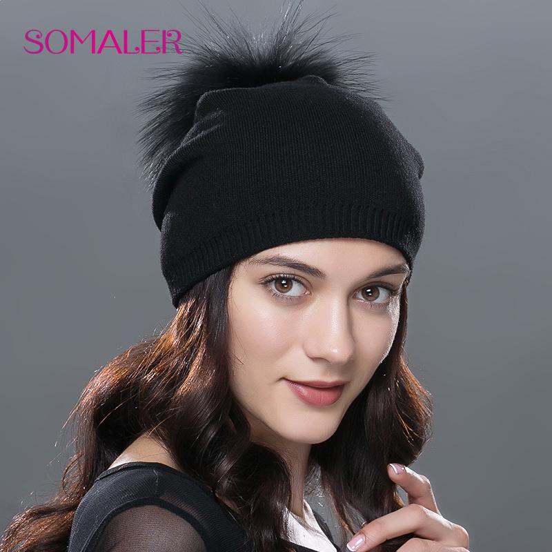 SOMALER Winter-Frauen-Echtfell-Pom-Pom-Mützen, Wolle, gestrickt, dick, warm gefüttert, Mützen, Damenmode, Bommel, Skimützen, Strickmütze schwarz von Joom DACH