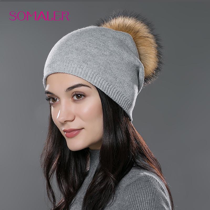 SOMALER Winter-Frauen-Echtfell-Pom-Pom-Mützen, Wolle, gestrickt, dick, warm gefüttert, Mützen, Damenmode, Bommel, Skimützen, Strickmütze licht grau von Joom DACH