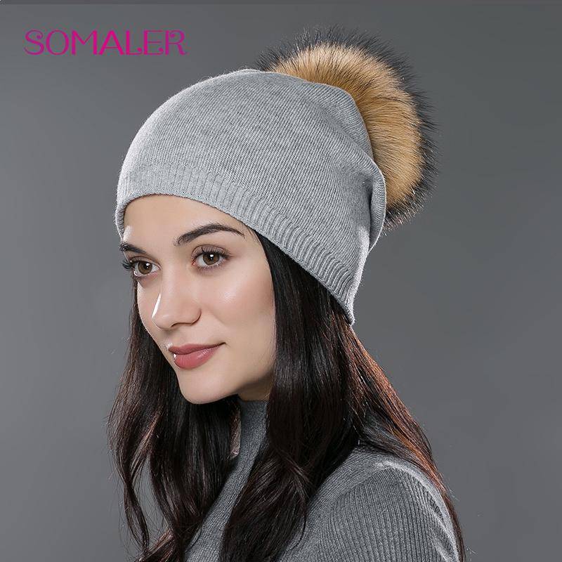 SOMALER Winter-Frauen-Echtfell-Pom-Pom-Mützen, Wolle, gestrickt, dick, warm gefüttert, Mützen, Damenmode, Bommel, Skimützen, Strickmütze licht grau von Joom DACH