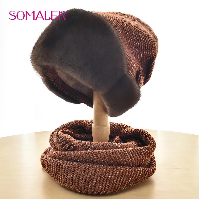 SOMALER Winter Strickmütze mit Krempe aus echtem Nerzfell Damen Wollmütze Schal Set Warme Strickmütze kaffeebraun von Joom DACH