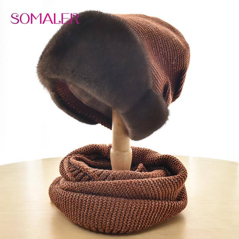SOMALER Winter Strickmütze mit Krempe aus echtem Nerzfell Damen Wollmütze Schal Set Warme Strickmütze kaffeebraun von Joom DACH