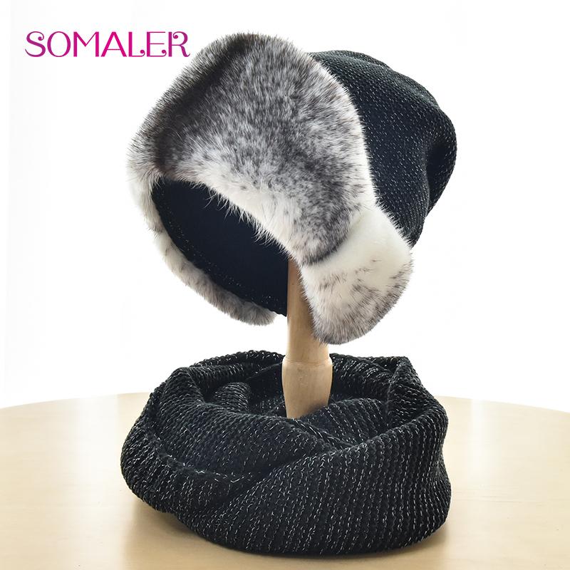 SOMALER Winter Strickmütze mit Krempe aus echtem Nerzfell Damen Wollmütze Schal Set Warme Strickmütze schwarz von Joom DACH
