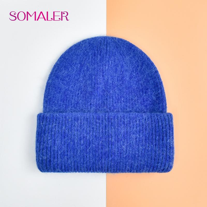 SOMALER Winter Angora Wolle Gestrickte Mütze Weich Warm Flauschig Kaninchenfell Strick Einfache Mützen für Damen blaue Lupine von Joom DACH