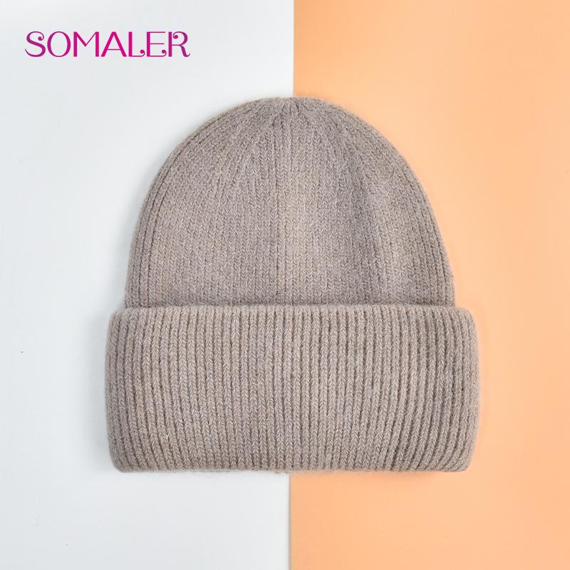 SOMALER Winter Angora Wolle Gestrickte Mütze Weich Warm Flauschig Kaninchenfell Strick Einfache Mützen für Damen braun von Joom DACH