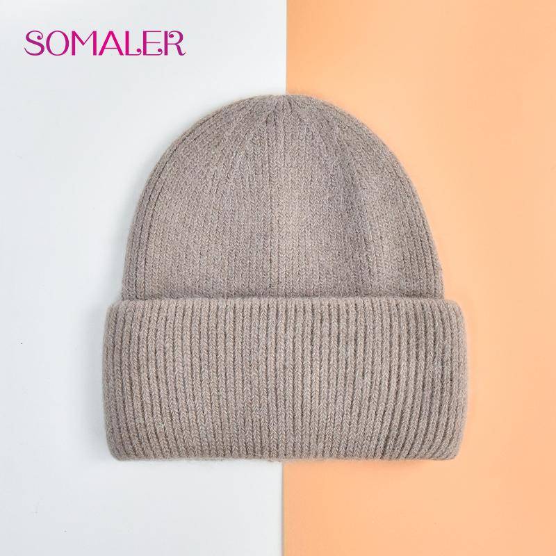 SOMALER Winter Angora Wolle Gestrickte Mütze Weich Warm Flauschig Kaninchenfell Strick Einfache Mützen für Damen braun von Joom DACH