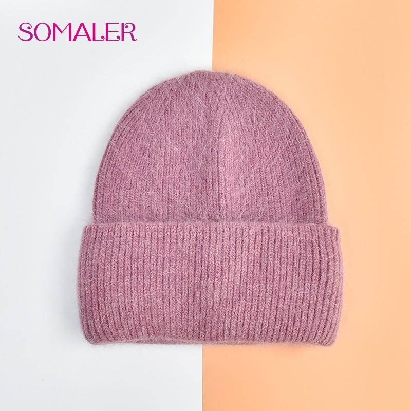 SOMALER Winter Angora Wolle Gestrickte Mütze Weich Warm Flauschig Kaninchenfell Strick Einfache Mützen für Damen china-rose von Joom DACH