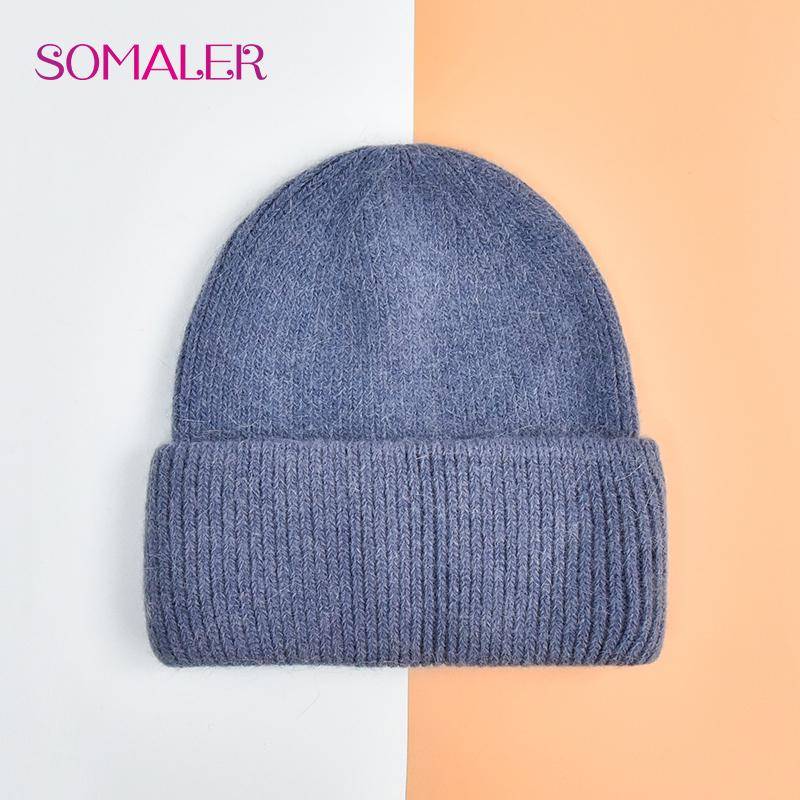 SOMALER Winter Angora Wolle Gestrickte Mütze Weich Warm Flauschig Kaninchenfell Strick Einfache Mützen für Damen denim-blau von Joom DACH