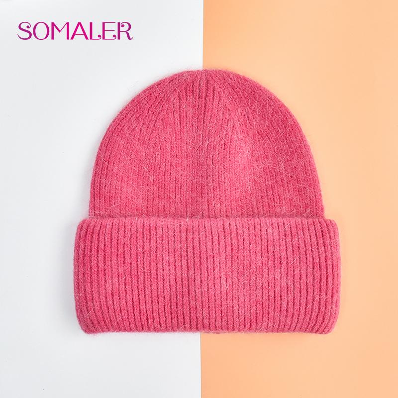 SOMALER Winter Angora Wolle Gestrickte Mütze Weich Warm Flauschig Kaninchenfell Strick Einfache Mützen für Damen dunkel rosa von Joom DACH