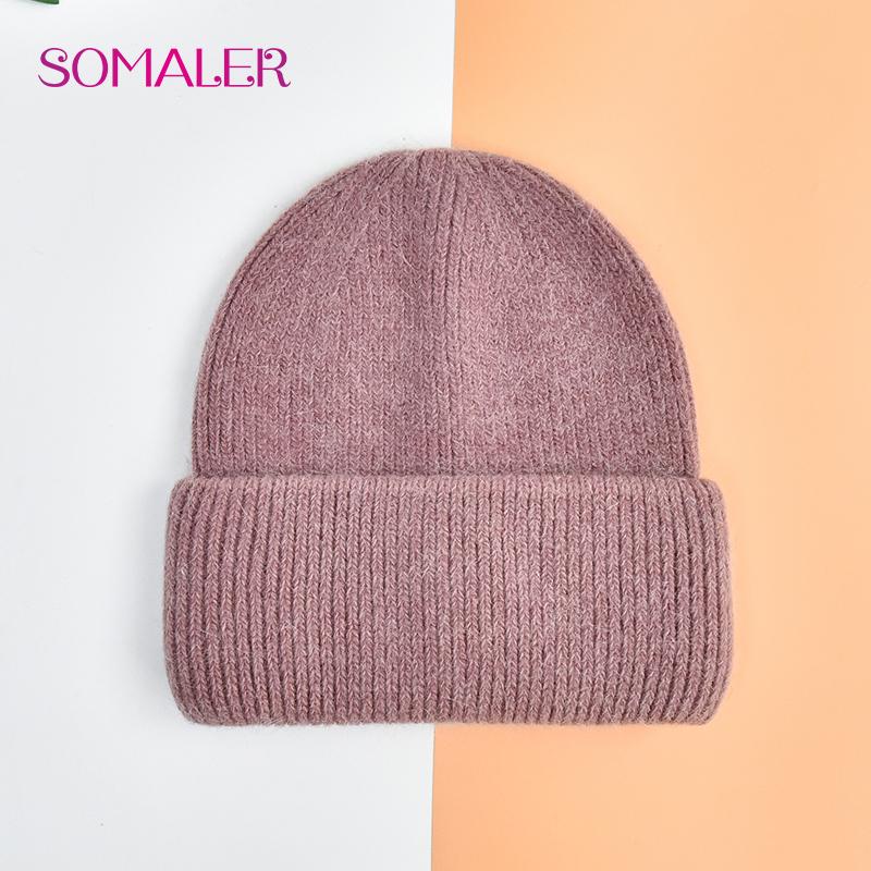 SOMALER Winter Angora Wolle Gestrickte Mütze Weich Warm Flauschig Kaninchenfell Strick Einfache Mützen für Damen englische rote von Joom DACH