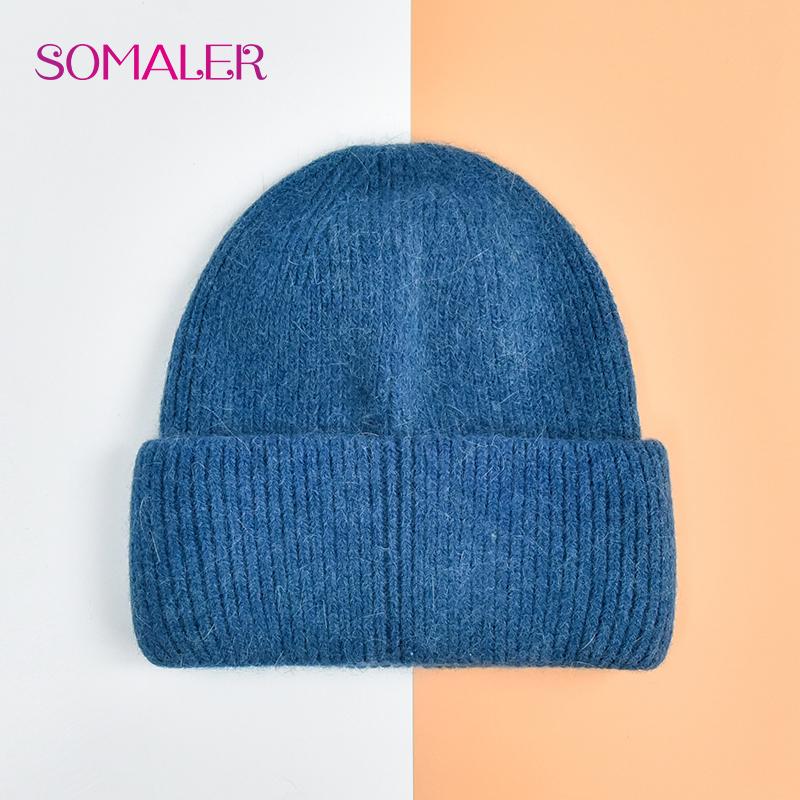 SOMALER Winter Angora Wolle Gestrickte Mütze Weich Warm Flauschig Kaninchenfell Strick Einfache Mützen für Damen jeansblau von Joom DACH