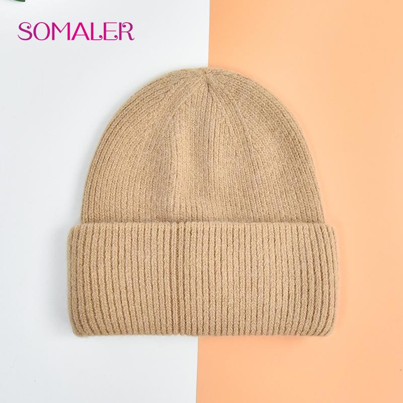 SOMALER Winter Angora Wolle Gestrickte Mütze Weich Warm Flauschig Kaninchenfell Strick Einfache Mützen für Damen kamelfarben von Joom DACH