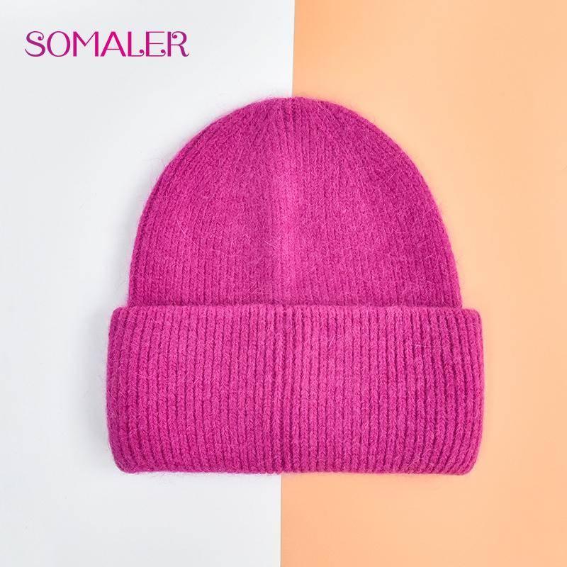 SOMALER Winter Angora Wolle Gestrickte Mütze Weich Warm Flauschig Kaninchenfell Strick Einfache Mützen für Damen leuchtend rosa von Joom DACH