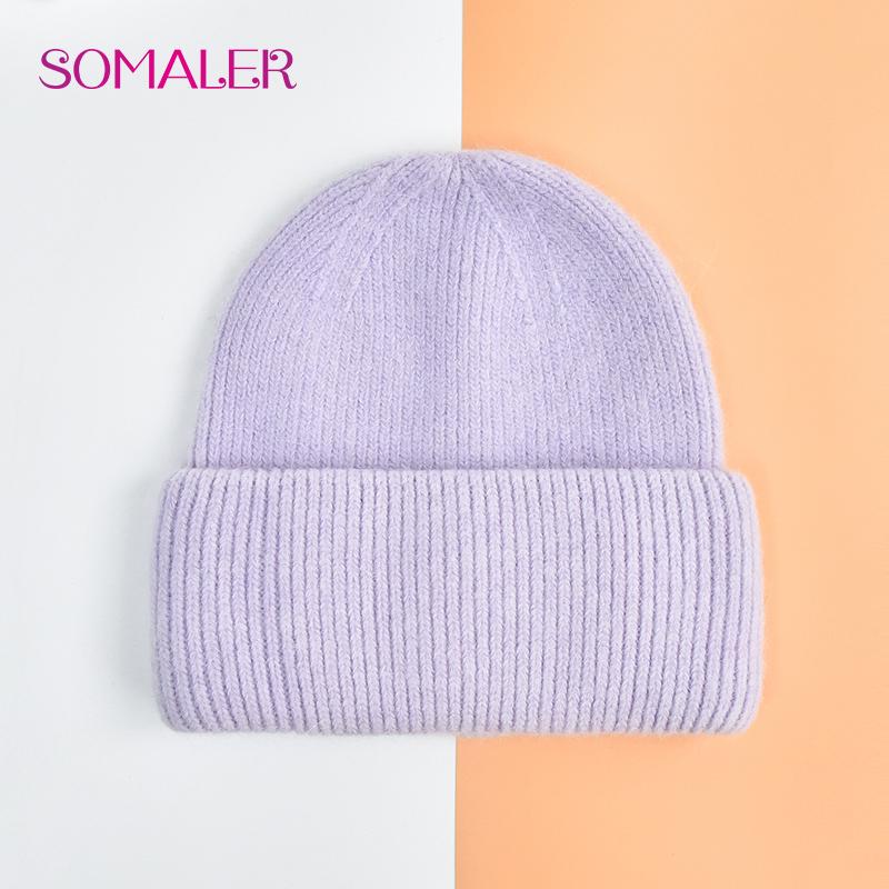 SOMALER Winter Angora Wolle Gestrickte Mütze Weich Warm Flauschig Kaninchenfell Strick Einfache Mützen für Damen licht lila von Joom DACH