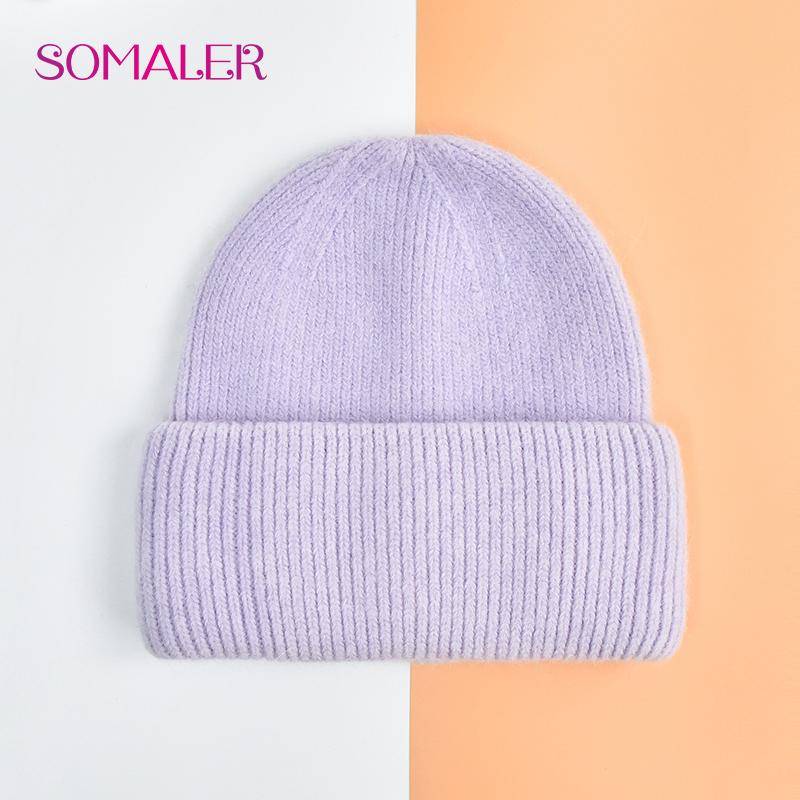 SOMALER Winter Angora Wolle Gestrickte Mütze Weich Warm Flauschig Kaninchenfell Strick Einfache Mützen für Damen licht lila von Joom DACH