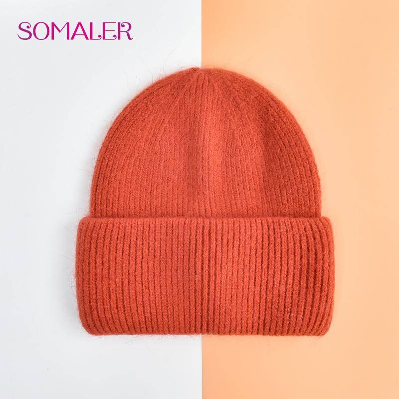 SOMALER Winter Angora Wolle Gestrickte Mütze Weich Warm Flauschig Kaninchenfell Strick Einfache Mützen für Damen orange von Joom DACH