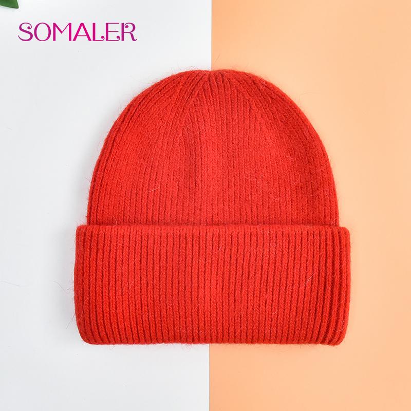 SOMALER Winter Angora Wolle Gestrickte Mütze Weich Warm Flauschig Kaninchenfell Strick Einfache Mützen für Damen rot von Joom DACH