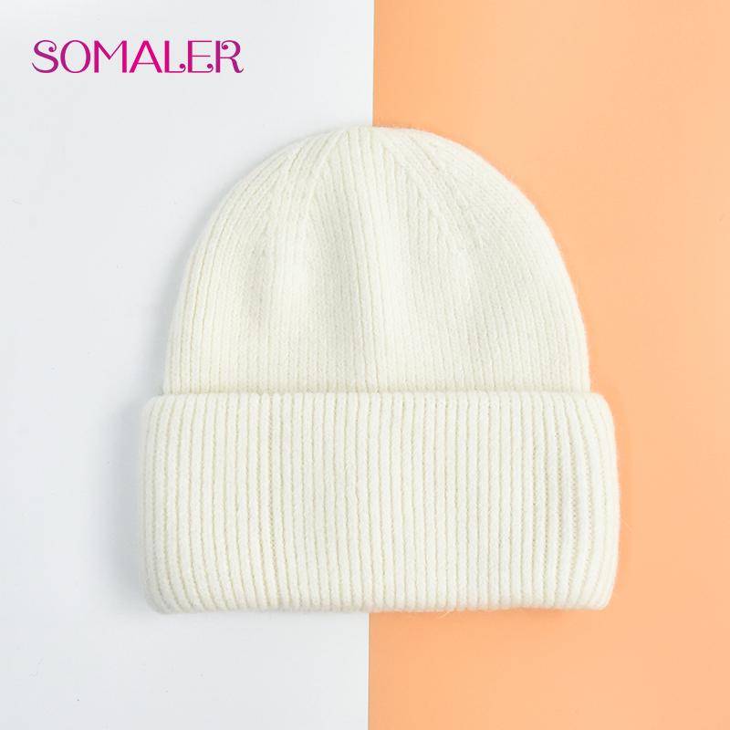SOMALER Winter Angora Wolle Gestrickte Mütze Weich Warm Flauschig Kaninchenfell Strick Einfache Mützen für Damen weiß von Joom DACH