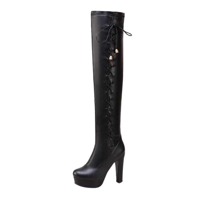Sagit Fashion Damen-Leder-Schnürstiefel mit runder Zehenpartie, hoher Absatz, Overknee-Stiefel 37 schwarz von Joom DACH