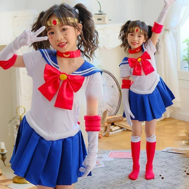 Sailor Kostüm Moon Usagi Tsukino Cosplay Kostüme Kinder Mädchen Niedlich Kurzarm Kleid Handschuhe Socken Halloween Karneval Kleidung 120 von Joom DACH