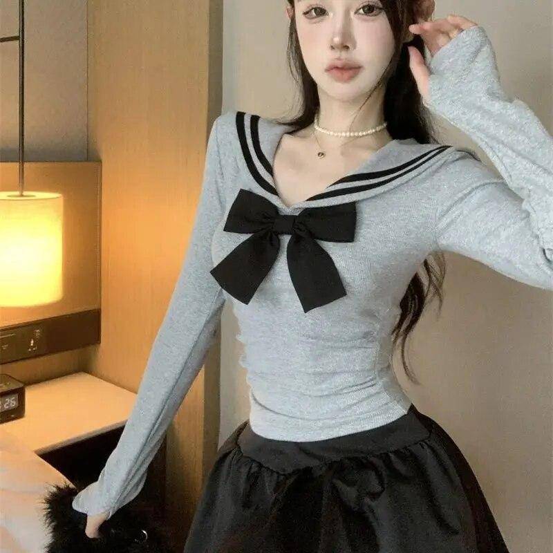 Sailor Kragen Kurze T-shirts Frauen Bogen Gestreiften Langarm Unregelmäßige Dünne Tops Frühling Herbst Japanischen Stil Süße Nette Mode XL grau von Joom DACH