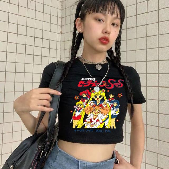 Sailor Moon Print Harajuku Goth Weibliche Frauen T-shirts Kawaii Kurze Anime T Shirt HipHop Sommer Frauen Streetwear Crop Tops Y2k S schwarz von Joom DACH