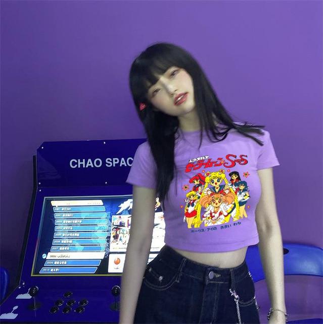 Sailor Moon Print Harajuku Goth Weibliche Frauen T-shirts Kawaii Kurze Anime T Shirt HipHop Sommer Frauen Streetwear Crop Tops Y2k S violett von Joom DACH