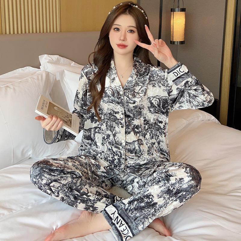 Samt Pyjama Damen Koreanischer Stil Lässig Warm Langarm Revershemden Hosen Hauskleidung Zweiteiliger Pyjama 2XL schwarz von Joom DACH