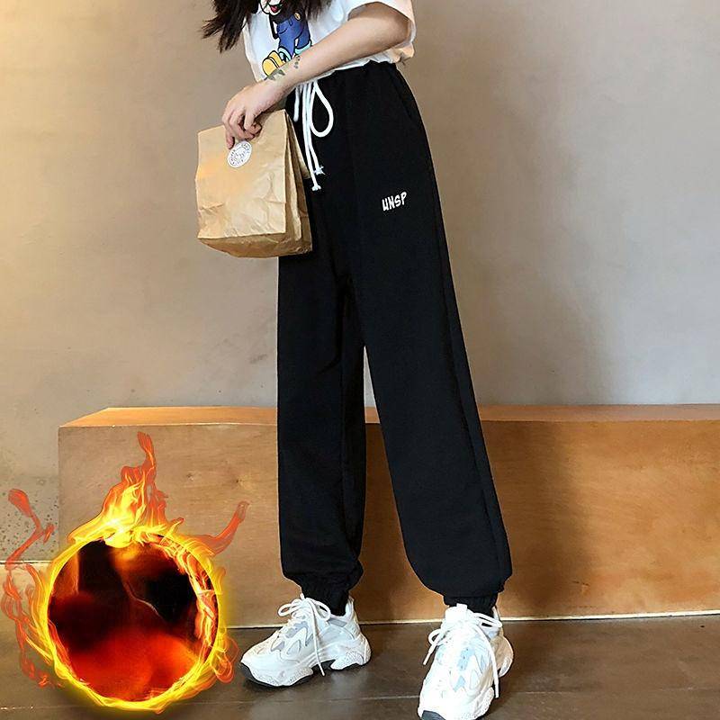 Samt Übergröße Damen Herbst und Winter Grau Sweatpants Studentinnen Koreanische Version Locker und Dünn Bündchenfußhose XL schwarz von Joom DACH