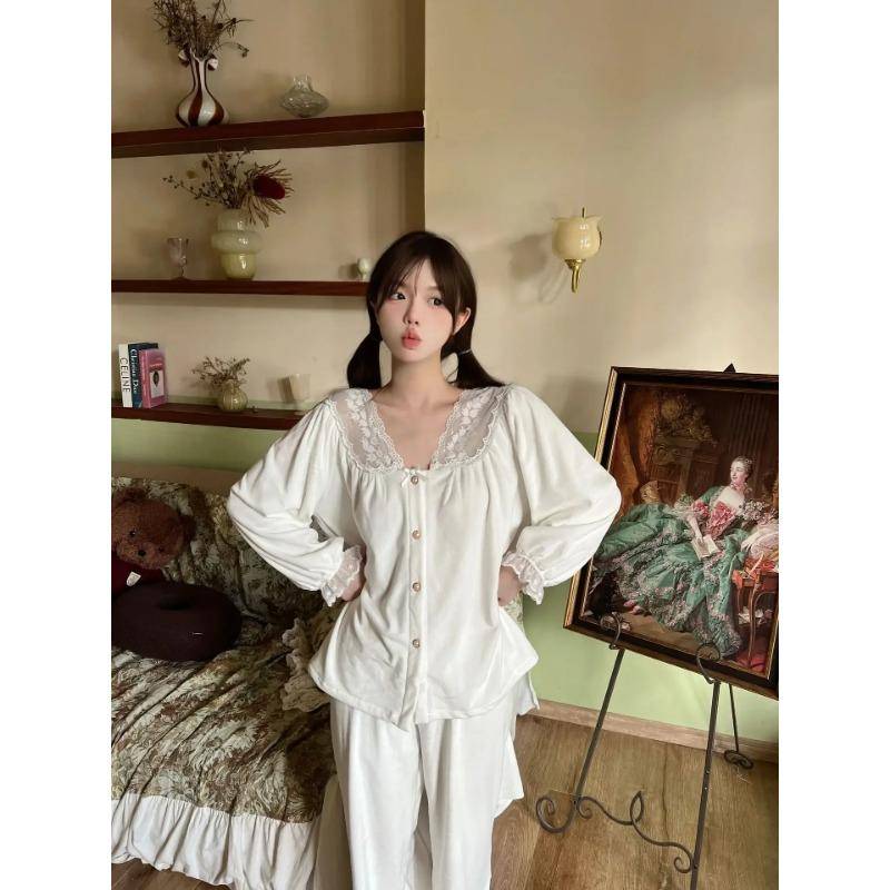 Samt V-Ausschnitt Spitze 2-teilige Homewear für Damen Herbst Neues Pyjama-Set Pyjama Lockere Oberteile Hosen Homewear XL weiß von Joom DACH