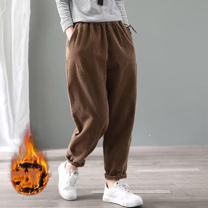 Samt Warme Winterhose für Damen Elastische Taille Cord Haremshose Lose Feste Taschen Übergroße Streetwear Hose Damen 4XL braun von Joom DACH