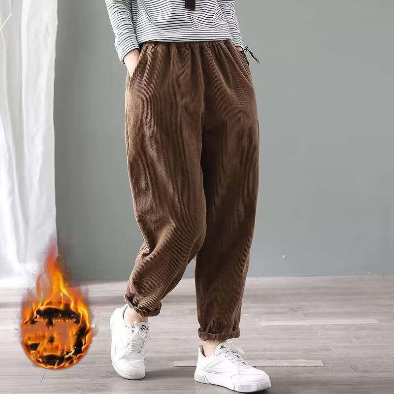 Samt Warme Winterhose für Damen Elastische Taille Cord Haremshose Lose Feste Taschen Übergroße Streetwear Hose Damen 4XL braun von Joom DACH