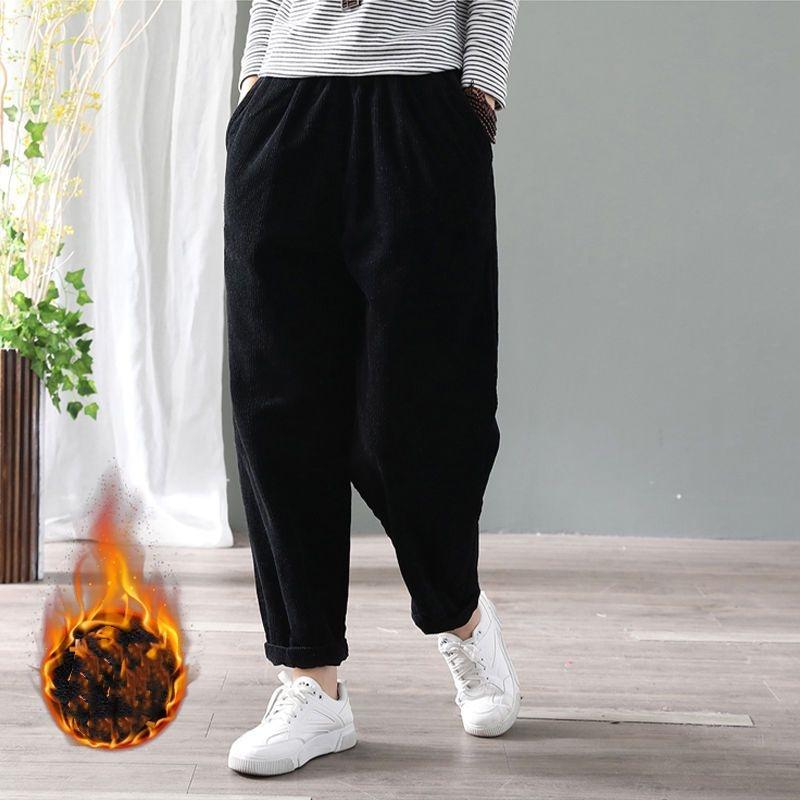 Samt Warme Winterhose für Damen Elastische Taille Cord Haremshose Lose Feste Taschen Übergroße Streetwear Hose Damen 4XL schwarz von Joom DACH