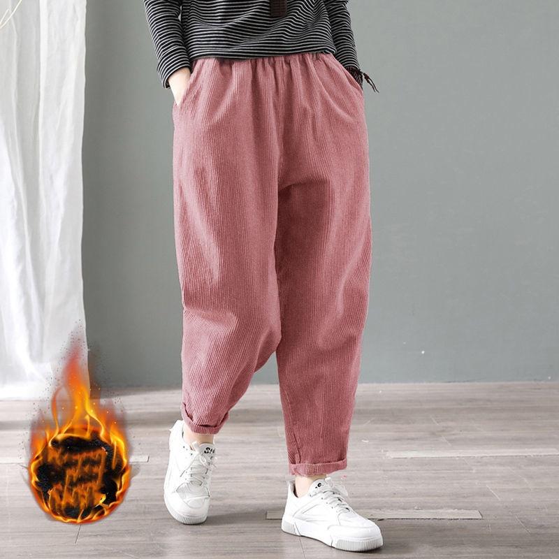 Samt Warme Winterhose für Damen Elastische Taille Cord Haremshose Lose Feste Taschen Übergroße Streetwear Hose Damen 4XL von Joom DACH