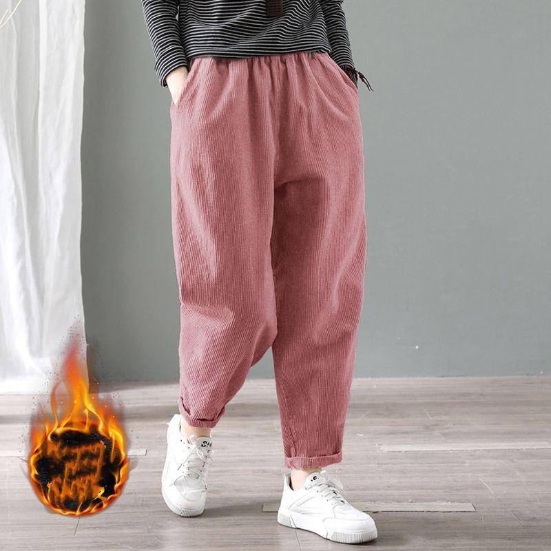 Samt Warme Winterhose für Damen Elastische Taille Cord Haremshose Lose Feste Taschen Übergroße Streetwear Hose Damen 4XL rosa von Joom DACH