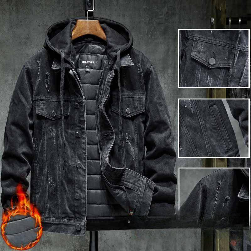 Samtverdickte Jeansjacke Herren Baumwolle Abnehmbare Kapuze Schwarze Baumwollkleidung Herbst und Winter Warme Jacke Trendy M von Joom DACH