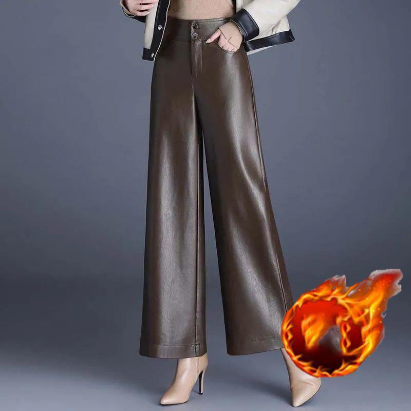Samtverdickte PU-Lederhose für Damen im Winter, lockere, lässige Hose mit weitem Bein, elastische hohe Taille, schwarze Neun-Punkte-Haremshose XXXXL von Joom DACH