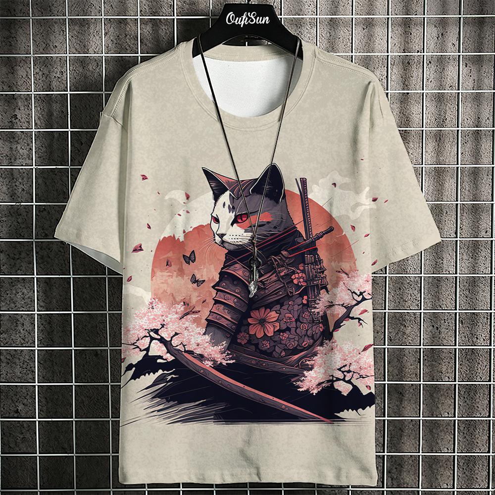 Samurai-Katzen-T-Shirt für Damen und Herren, für den Sommer, trendige japanische Kurzarm-T-Shirts, übergroßes, lässiges Sweatshirt, Oberteile für Erwachsene M von Joom DACH