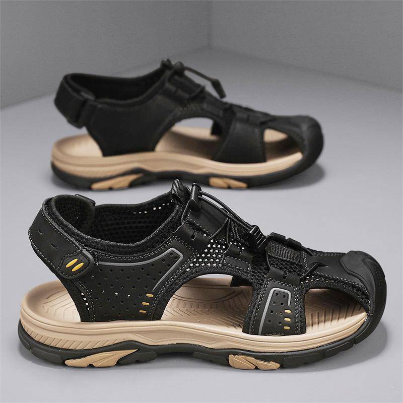 Sandalen Herren Tide Sommer neuer Stil Leder Zehenkappe Outdoor Freizeit Sport hohle Sandalen Strandschuhe 44 von Joom DACH